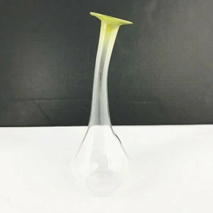 Art Glass Bud Vase Crystal Clear w Long Bent Neck and Green Lip Blown Handmade - Picture 1 of 11