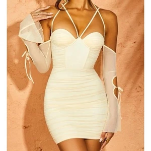 Mini Vestido Oh Polly Emalee Fuera del Hombro Marfil Acanalado Nuevo con Etiquetas Talla US 8 UK 12 - Imagen 1 de 8