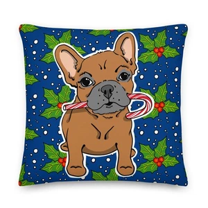 Red Fawn French Bulldog Christmas Throw Pillow Holiday Dog Candy Cane Decor - Picture 1 of 11