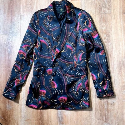 House of Harlow 1960 佩斯利鸟印花西装外套 XS 假日艺术金色纽扣 — 第 1/4 张图片