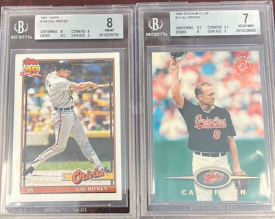 DOS tarjetas Cal Ripken 1995 Stadium Club #1 Beckett 7+ 1991 Topps #150 BGS 8 Foto 1 de 2