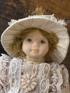Vintage Miniature Bisque Artisan Porcelain Doll 5” Ivory Lace Dress, Hat - Picture 1 of 4