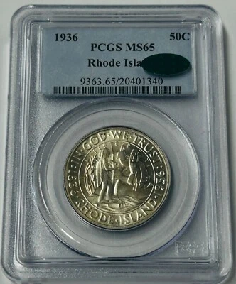 1936 Rhode Island Commemorative Silver Half Dollar PCGS MS65 CAC Green - Image 1 of 4