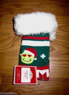 MUJER HASTA LA RODILLA VERDE/BLANCO/ROJO RAYAS EMOJI NAVIDAD CALCETINES~RIBETE DE PIEL SINTÉTICA~NUEVO CON ETIQUETAS Foto 1 de 2