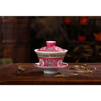 Antigua porcelana Gaiwan Mun Shou longevidad flor puré taza china tapa tazón Foto 1 de 4