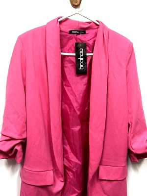 Boohoo Barbie Hot Pink Colored Blazer Women's Size 4 Petite Ruched Sleeves NWT - Image 1 of 4