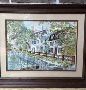 Dipinto acquerello vintage M Stubbs 1972 Georgetown Canal originale firmato 21"x 17" - Foto 1 di 10