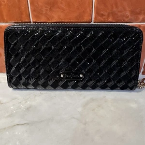 Portafoglio donna Cole Haan nero tessuto vernice pelle scamosciata zip - Foto 1 di 10