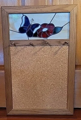 Vtg Stained Glass Butterfly Hanging Cork Message Board Hooks Cottage Core  - Image 1 of 4