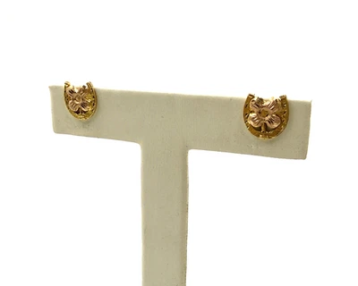 Rare 10k Black Hills Yellow Rose Gold Diamond Cut Flower Horseshoe Stud Earrings - Image 1 of 4