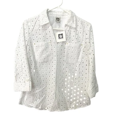 Nueva blusa de algodón manga larga con etiqueta Anne Klein XS blanca ojales encaje lengüeta enrollable Foto 1 de 4