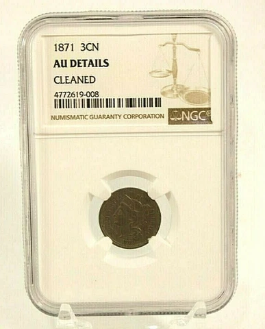 1871 Three Cent Piece - Copper Nickel 3CN  - AU Details Cleaned Cover
