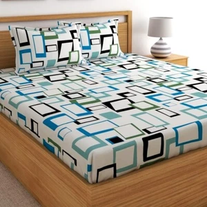 Cotone 140 Fili Geometrico Blu King Lenzuola Con 2 Cuscino Cover - Foto 1 di 3