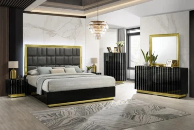 NEW Modern LED 5PC Gloss Black Gold Queen King Contemporary Bed Set B/D/M/N/C - Image 1 of 4