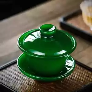 Imperial Emerald Green Gaiwan Tea Cup Jade Porcelain Sancai Covered Bowl - Picture 1 of 7