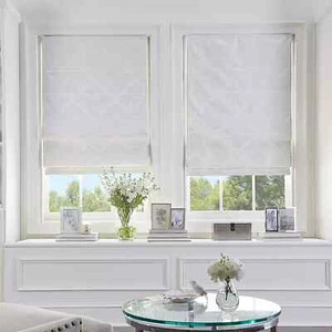 Peri Damask Blackout Linen Blackout Roman Shade,27"x64", White - Picture 1 of 4