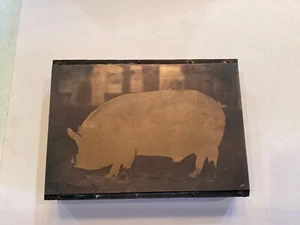 Vintage Wood And Metal Printing Press Block Stamp Ink Plate With A Pig On It 4” - Picture 1 of 3