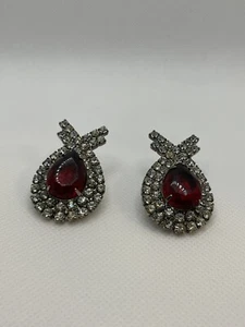 Vintage Glass Rhinestone Post Silver Tone Earrings With Faux Ruby Center 1.5” - Picture 1 of 6