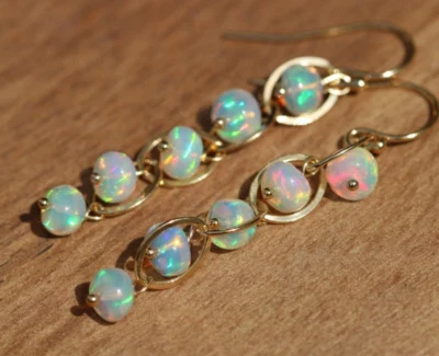 Sterlingsilber Vergoldet Natürlich Äthiopische Opal Perlen Lang Ohrring Schmuck - Bild 1 von 4