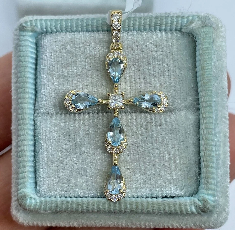 Colgante Cruz Aguamarina Real Corte Pera 1.50Ct Chapado en Oro Amarillo 14K Cadena Gratis Foto 1 de 4