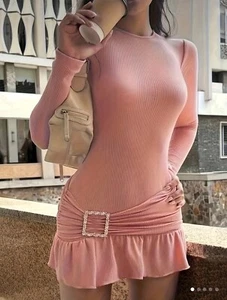 👚Vestido ceñido al cuerpo rosa pálido tejido acanalado detalle hebilla volantes, manga larga Y2L 14 xxl - Imagen 1 de 6