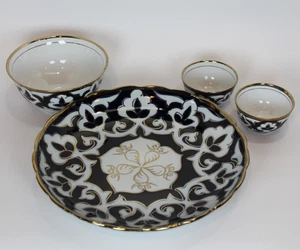 Uzbek Pakhta Russia - 10 5/8" Platter & THREE Bowls Set - Cobalt w/ Gold Trim - Picture 1 of 9