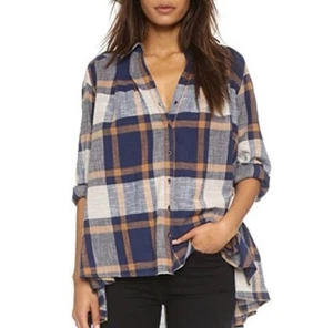 Free People Preppy In Plaid High-Low Ruffle Hem Button Up Shirt Flowy Tunic Top - Picture 1 of 5