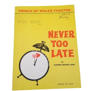 Programa de teatro Playbill NEVER TOO LATE Prince of Wales Theatre 1963 London Play - Imagen 1 de 6