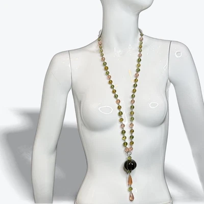 Collar Lariat Murano Vintage 40 pulgadas Arte Vidrio Cuentas Rosa Verde Calabaza Colgante Foto 1 de 4