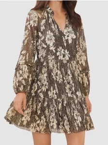 Vince Camuto Womens Black Gold Floral Foil Split Neck Ruffle Boho Dress Size S - Picture 1 of 17