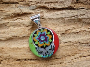 Grateful Dead Skull Flower Micro Inlay Sterling Silver Gemstone Pendant New AG17 - Picture 1 of 8