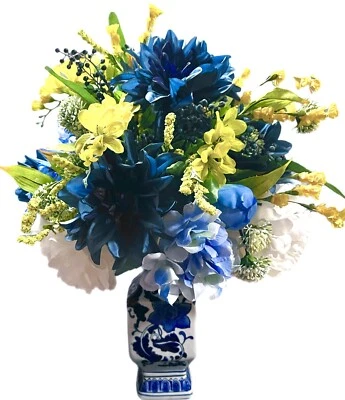 Синяя белая желтая цветочная аранжировка центральный элемент пион гортензия восточная ваза - Изображение 1 из 3