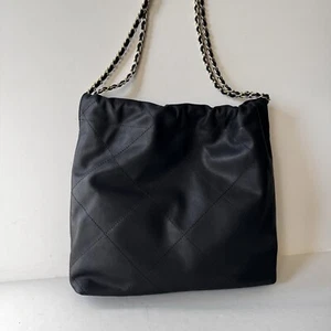 Matte Black Quilted Leather 22 Gathered Hobo Chain Tote w/ Gold Hardware - Picture 1 of 14