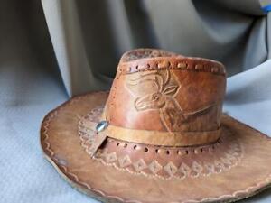 vintage HAND TOOLED cowboy hat LEATHER brown XS handcrafted 1970s hippie boho