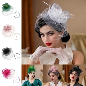 Frauen Blume Netz Netz Edel Damen Fascinator Hut Stirnband Clip Feder Party - Picture 1 of 17