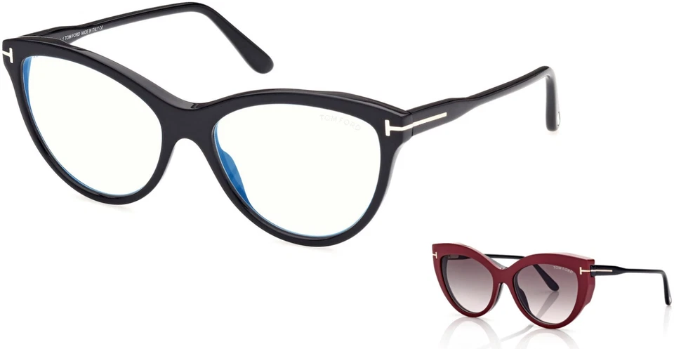 Óculos Tom Ford TF 5772-B 001 preto/vermelho gato 55-16-140 com clip-ons - Imagem 1 de 4