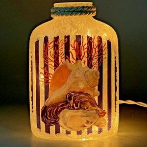 Pre-Lit MARITIME SEASHELLS CORAL OYSTER PEARL Stony Creek LIGHTED GLASS JAR LAMP - Picture 1 of 6