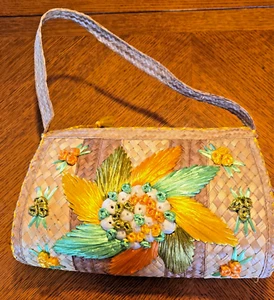 Stroh geflochten Handtasche leuchtende Farbe Blumen grün orange gelb Vintage 60er Jahre - Bild 1 von 9