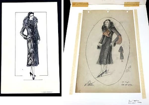 ORIG. c.1932 ART DECO Hand-Drawn-Colored FASHION DESIGNS signed fur SOL VOGEL - Picture 1 of 12