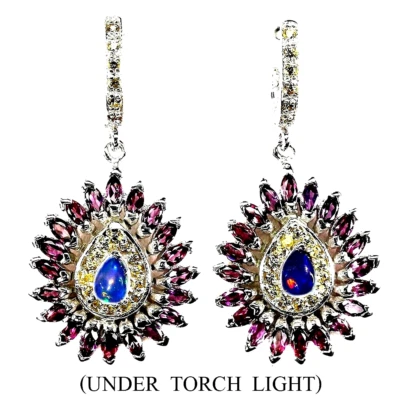 ОГНЕННЫЙ ОПАЛ/РОДОЛИТ ГРАНАТ И САПФИР СЕРЬГИ СЕРЕБРО 925 ПРОБЫ 14K WGP - Изображение 1 из 3