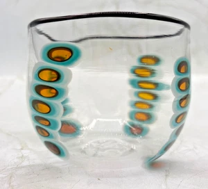 Hand Blown Art Glass Tumbler Amber & Turquoise Oval Cane Design Artist Signe 04 - Picture 1 of 16