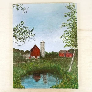 Dipinto olio vintage fattoria fienile silo betulla albero riflesso arte 12x16 1974 - Foto 1 di 8