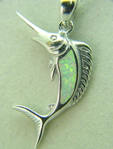 BUTW Sterling White Gilson Opal Inlay Swordfish Pendant w/ Sterling Chain 8923D - Imagen 1 de 4