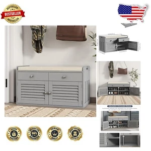 Versatile Shoe Cabinet with Cushion Seat & Adjustable Shelves - 2 Drawers, Grey - Picture 1 of 10