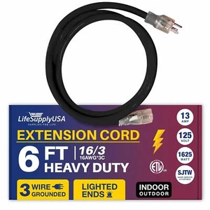 6ft Power Outdoor Extension Cord & Indoor - Waterproof Electric Drop Cord Cable - Picture 1 of 7