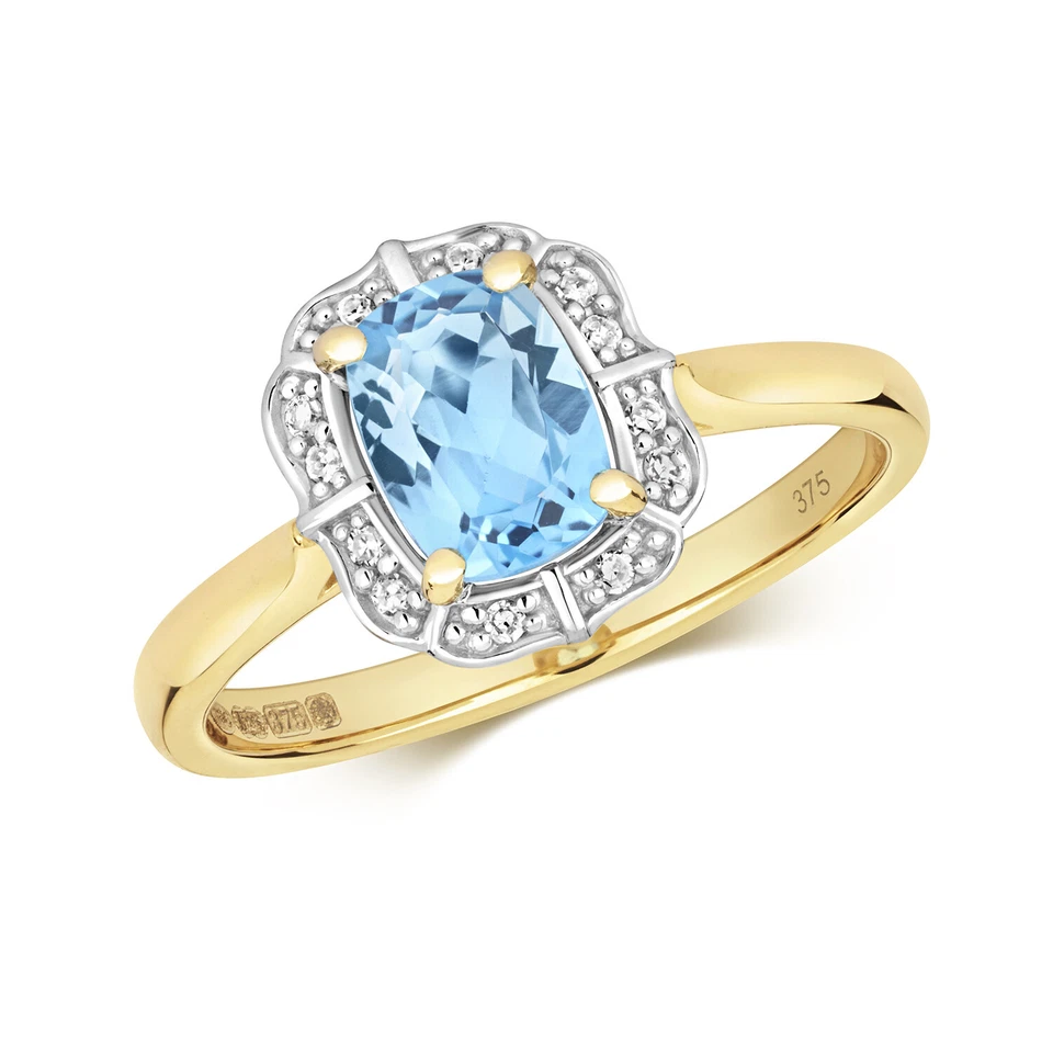 Bague Solitaire Femme Or Jaune 9 k/carat et Diamant 0.06 Carat avec Topaze Bleu - Photo 1/1