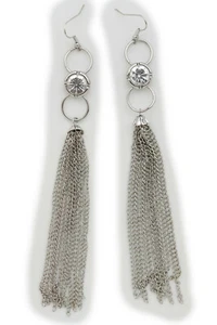 Women Earring Silver Metal Chain Long Tassel Fringes Bling Style Fashion Jewelry - Picture 1 of 12