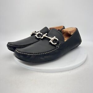 Salvatore Ferragamo Gancini Black Leather Driving Moccasin Men Shoes Size 10.5