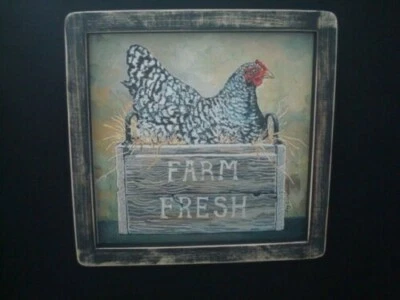 Primitive Country Print *FARM FRESH CHICKEN IN BOX* black frame 9 1/2" x 9 1/2" - Image 1 of 3