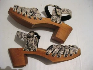 Sanita MIDA Sandals ~Wooden Sole +Heel~Sz. 39=8.5 to 9~Black & White ~EUC - Picture 1 of 8
